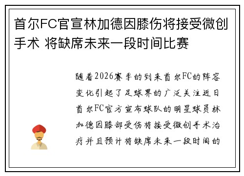 首尔FC官宣林加德因膝伤将接受微创手术 将缺席未来一段时间比赛